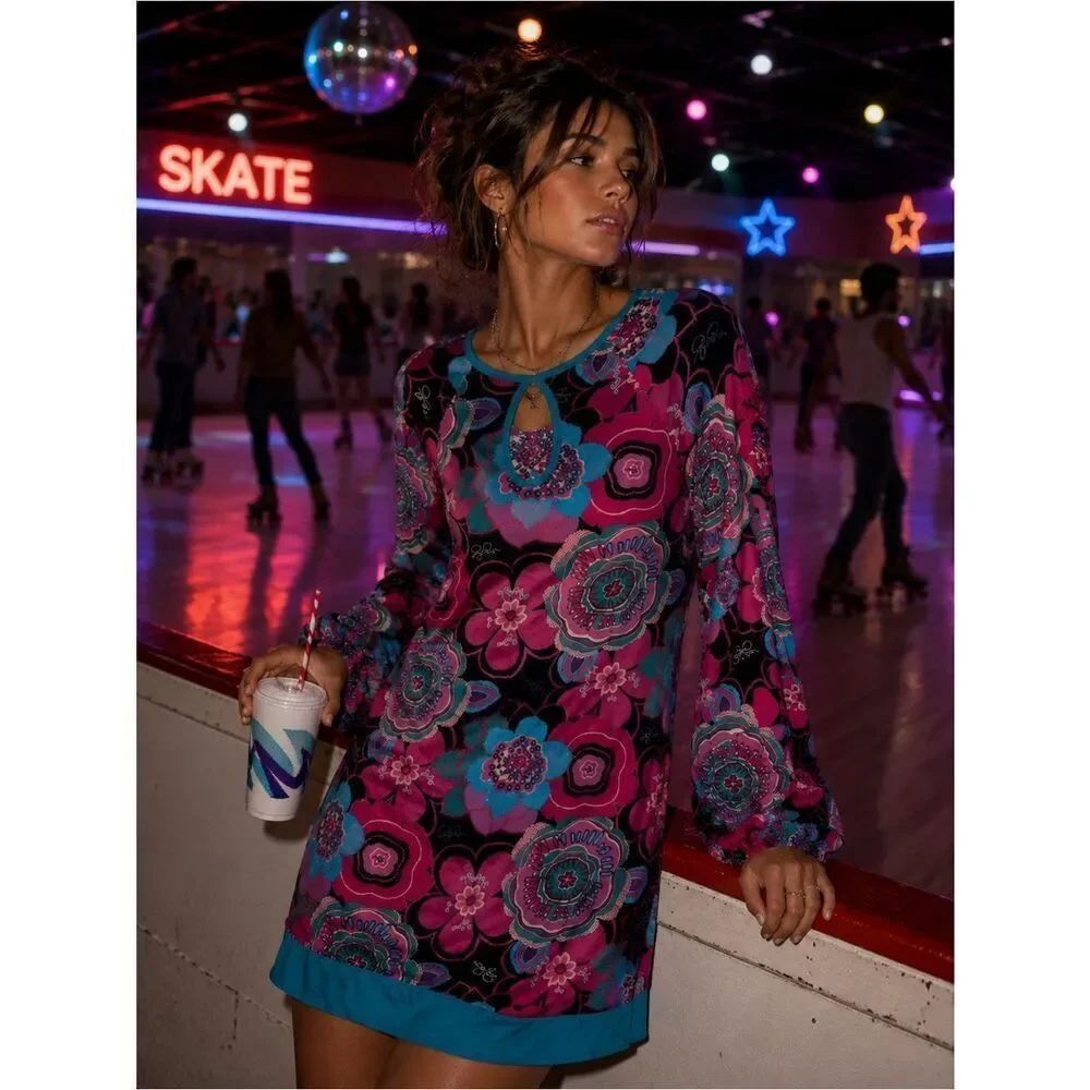 Y2K Baby Phat Pink Blue Black Floral Art Deco Long Sleeve Mini Dress Sz M Groovy
